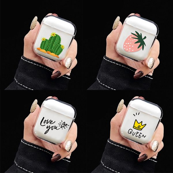 Estuches transparentes para auriculares para Apple AirPods 2 Caja de carga Cute Cartoon Cactus Girl Hard PC Crystal Cover Bag para estuches de Airpods