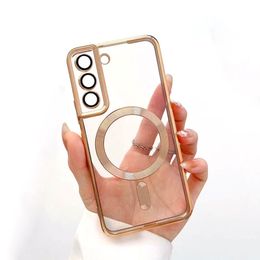 Transparant elektroplating magnetische telefoonhoesje voor Samsung Galaxy S23 S22 Ultra S21 Plus met lensfilmomslag voor magsafe draadloze lader