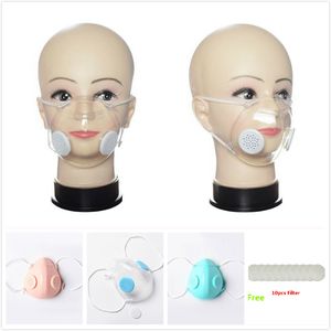 Transparent Face Mask Valve PP Clear Mask With Double Breathing Valve Anti-Dust Washable Masks Deaf Mute Designer Masks Free 10pcs Filter