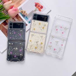 Étui de téléphone pliant des paillettes de fleurs transparentes pour Samsung Z Flip 3 Soft TPU ShockProof Back Cover