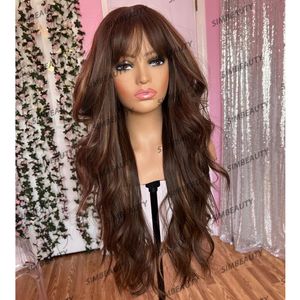 Perruques Full Lace Transparentes Highlight Fringe HD Lace Front Perruques de Cheveux Humains Femmes avec Frange Longue Vague de Corps Balayage Brun 360 Dentelle Frontale Perruque Naturelle Hairline