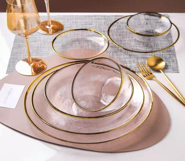 Assiettes de dîner en verre transparent Discus de salade Bowl à fruits de luxe Gold Incrust Glass Gâteau Assiette de nourriture Plaque de table pour restauration6170750