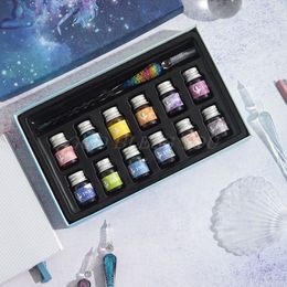 Transparent Verre Starry Sky Glitter Poudre Encre Set Instrument D'écriture Fontaine Dip Pen Coffret Cadeau 201202