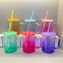 Tasses en verre de gelée d'ombre de sublimation de dégradé transparent de 17 oz avec poignée tasse de camping-car pot de jus de gobelet peut boire des tasses à café avec des pailles de couvercles colorés en plastique