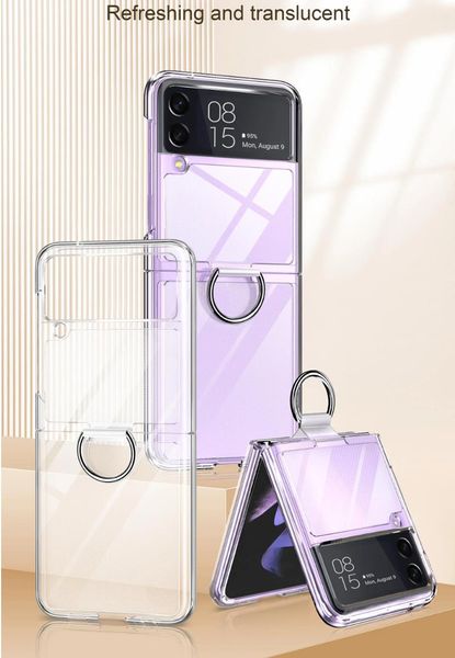 PC dur transparent avec support de bague étui de téléphone pliant pour Samsung Galaxy Z Flip 4 couverture transparente