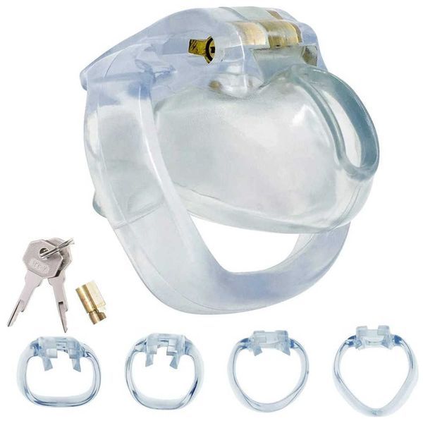 HT-V4 transparente Dispositivo de castidad masculina Jaula de plástico para el pene con 4 anillos para el pene Cinturón de castidad para hombres Juguete sexual para adultos 210629