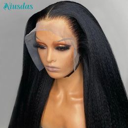 Perruque Lace Frontal Wig naturelle crépue lisse, cheveux Yaki lisses, 13x6, pre-plucked, sans colle, densité 250