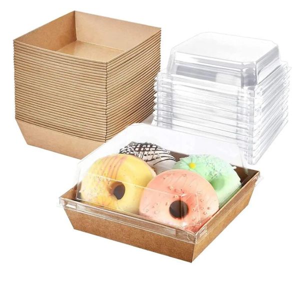 Cajas de envoltura de sándwich de picnic de papel kraft transparente con tapas de plástico para pastel de panadería de panadería de panadería