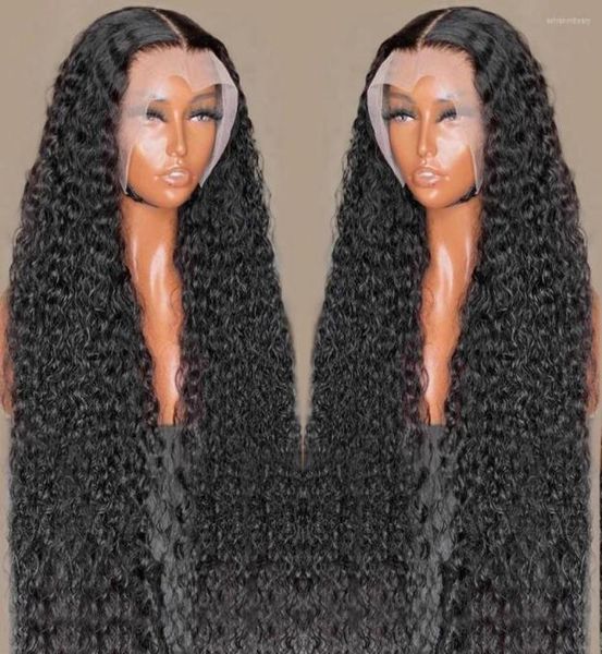 Perruque Lace Front Wig brésilienne naturelle, cheveux crépus bouclés, Deep Wave, Transparent, pre-plucked, Closure7419830, pour femmes
