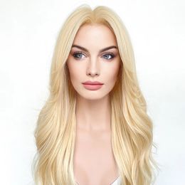 Perruque Lace Front Wig synthétique transparente, cheveux de bébé, sans colle, blond clair, ondulé, 13x4, densité 180, pour femmes blanches