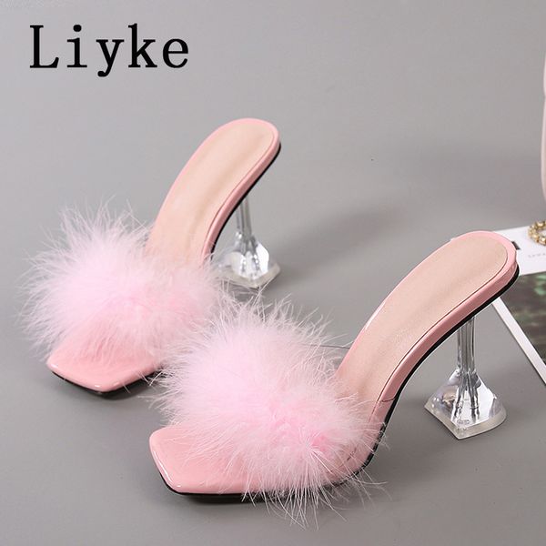 Transparent liyke cm talons hauts pantoufles de fourrure femmes sandales plumes peep toe mules dame pompes glisses de fête chaussures rose e b