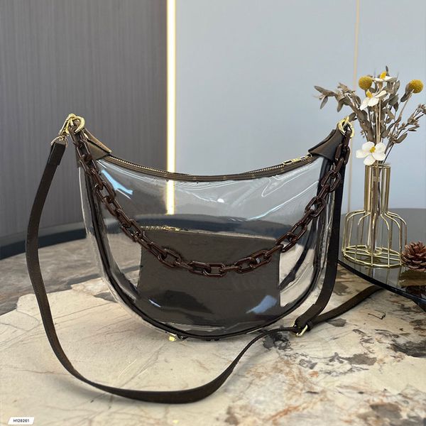 Bolso bandolera con lazo transparente Bolsos de media luna Bolsos de guisantes Monedero Correa extraíble de PVC Cadena Letras de moda Cierre de cremallera Bolso de hombro de verano para mujer