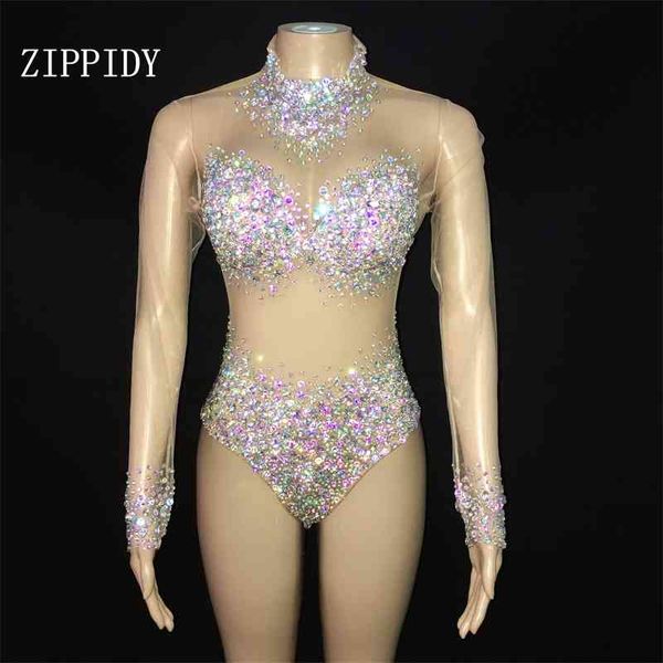Trasparente Mesh AB Stones Body Eveing Party Outfit Strass Pagliaccetti Donna Cantante Team Dancer Stage Tute Costume 210622