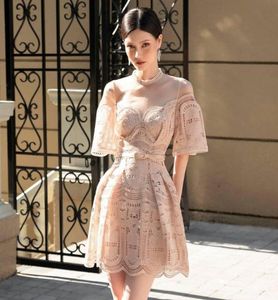 transparante halslijn lieverd top jurk korte mouw elegant een lijn tuniek kanten borduurwerk mini -jurken6409063