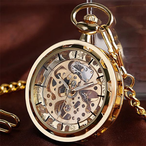 Tenue transparente Open face creux Squelette Mécanique de poche Replier enroulé Corloge d'horloge vintage Cadeau d'anniversaire avec chaîne Reloj 240327