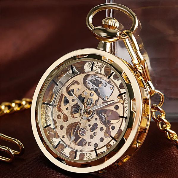Tenue transparente Open face creux Squelette Mécanique de poche Replier enroulé Corloge vintage Gift d'anniversaire avec chaîne de poche Reloj 240416