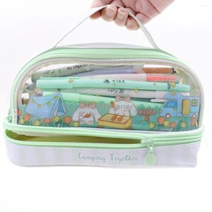 Transparent Pencil Case Double Layer Kawaii Large Capacity Bag Cartoon Handle Box For Girls School Supplie Stationary