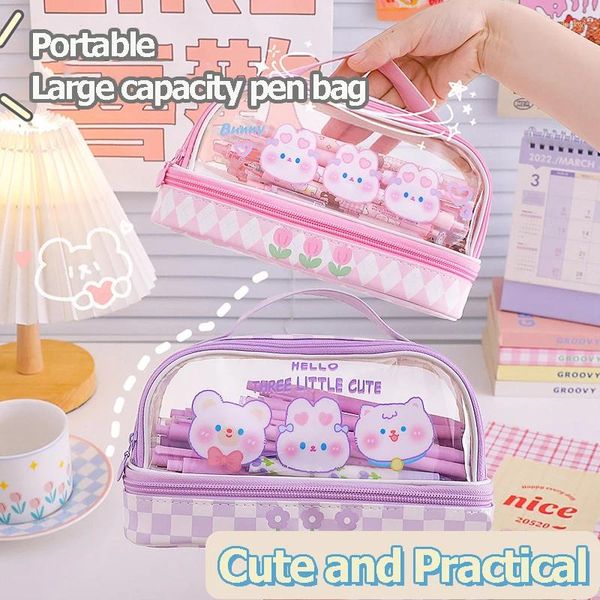 Estuche de lápices transparente de gran capacidad, bolsa Kawaii impermeable, papelería coreana bonita, suministros escolares para estudiantes