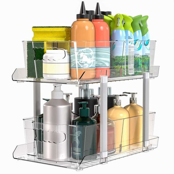 Rack de cosmétique transparent pour animaux de compagnie, organisateur de bureau de style tiroir à double couche, assaisonnement et stockage de cuisine