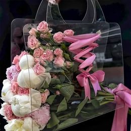 Transparent PET frais boîte de fleurs Bouquet sac à main fleurs emballage Festivals fête cadeau Rose paquet Portable sac d'emballage 240228