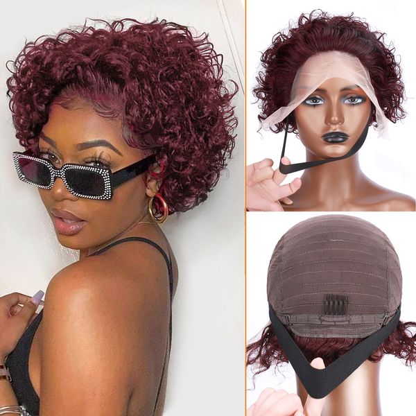 Transparent Pixie coupe perruques bouclés 13x1 perruque courte remy cheveux humains perruque bordeaux 99J jerry curl cheveux avec bande élastique