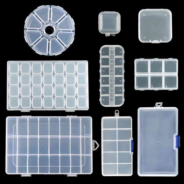 Compartimiento de caja de joyería de almacenamiento de plástico transparente contenedor ajustable para cuentas caja rectangular de pendientes