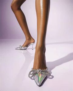Zapatillas de tacón fino de pasarela de PVC transparente, sandalias de decoración de cristal con lazo y punta en pico para mujer, zapatos de vestir de fiesta sexis para mujer