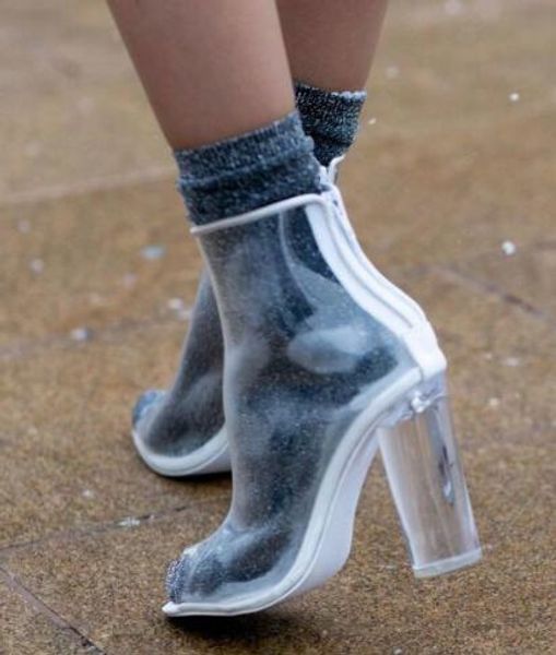 Botines transparentes de PVC para mujer, zapatos de tacón alto estilo Kim Kardashian, zapatos de mujer con punta abierta, tacones de bloque transparente, zapatos de tacón para mujer