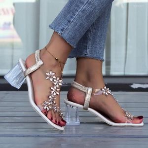 Transparante sandalen kristal hoge hakken vrouwen Romeinse bloem dikke hak niet-slip vierkante kop open teen schoenen sandalia feminina v