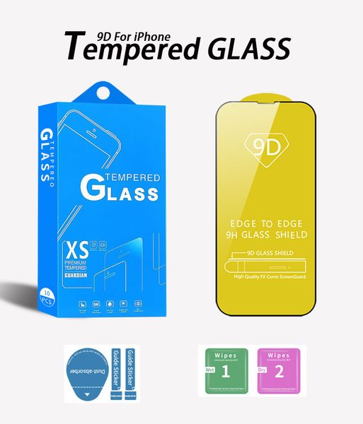 Film de protection d'écran à couverture complète pour iPhone 15 Pro Max 14 Mini XR XS 11 12 7 8 Plus, étui en verre trempé 9H avec emballage de vente au détail