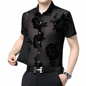 Chemise transparente pour homme 2023 Été Sexy Voir à travers des vêtements Tops Hommes à manches courtes en soie florale Dr Chemises G1PA #