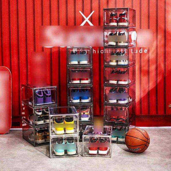 Boîtes à chaussures transparentes, boîte de rangement épaisse et empilable pour basket-ball à ouverture latérale magnétique pour la maison
