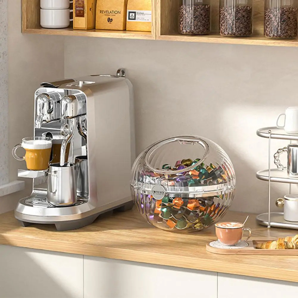 Transparente kugelförmige Aufbewahrungsbox für Kaffeekapseln, großer Desktop, offen, mit Kapazität, Dekoration, Deckel, Glas, Organizer, Süßigkeiten, Snacks, D5p0 240307