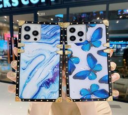 Étuis de téléphone portable de luxe carrés transparents avec support Marbre bleu et papillons pour iPhone 13 13 pro 12 11 pro promax XS XR X4872580