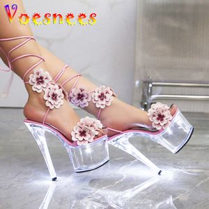 Transparant dik platform sandalen 17 cm hakken dames handgemaakte bloemen led verlicht zomer enkel veter banket dame schoenen