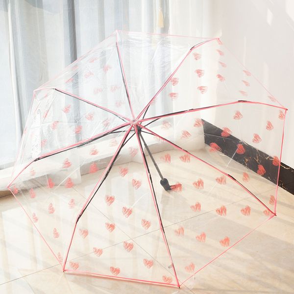 Transparent trois parapluie pliant femmes Internet célébrité accessoires frais anti-pluie fille coeur manuel voyage parapluies de pluie