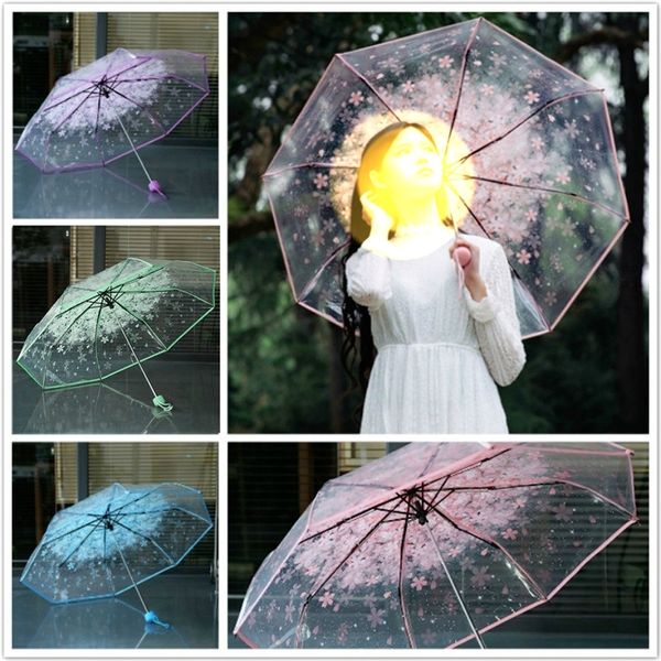 Parapluies transparents protègent contre la pluie de vent cerise Sakura 3 fois Pvc fille parapluie Portable mignon équipement ménager 220426