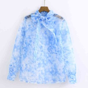 Transparante voile printed strikje blouses vrouwen mode print tops elegante dames lange mouwen shirts 210520