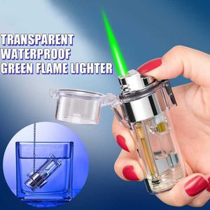 Transparante Waterdichte Groene Vlam Aansteker Afneembare Case Asbak Creatieve Kleurverloop Butaangas Torch Aanstekers YVKG LFE6