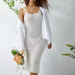 Vestido de playa de punto blanco transparente encubrimiento de trajes de baño de verano Mujeres sin mangas envoltura de colladina Codycon Midi Sundress Beachwear 240518