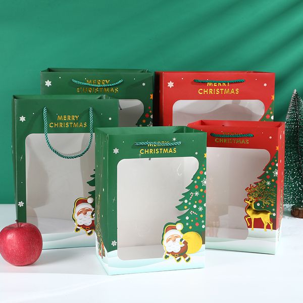 Fenêtre transparente rouge vert sac fourre-tout en papier emballage cadeau de la Saint-Valentin sac fourre-tout vacances Noël boîte-cadeau pour enfants LX4471