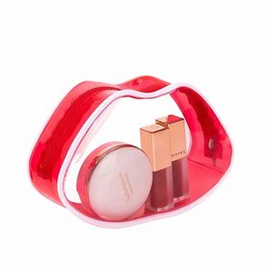 Sacs de cosmétiques transparents pour femmes imperméables PVC Cute Red Lips Forme à lèvres Pouche de voyage Organisateur de rangement de maquillage de voyage J64M # #