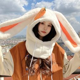 Chapeaux de trappeur 2 en 1 oreilles de lapin longues mignonnes Lei Feng chapeau bavoir cagoule cadeau pour femmes femme fille lapin chaud et coupe-vent chapeau en peluche 231208