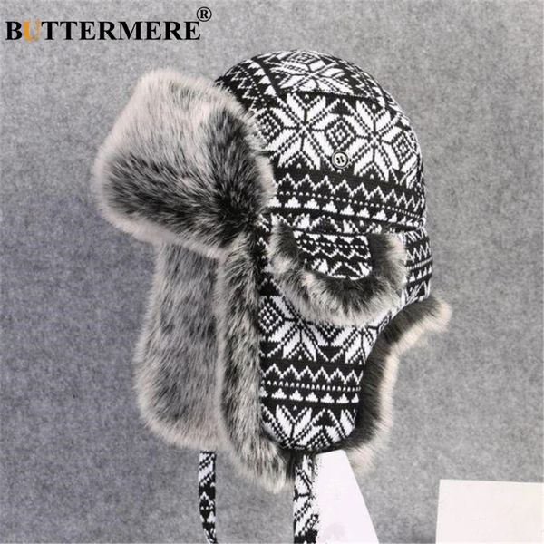 Sombreros de cazador BUTTERMERE Sombrero de piel ruso Ushanka Negro Blanco Sombreros de bombardero Hombre Mujer Orejeras Invierno Grueso Cálido Tejer Sombrero de cazador al aire libre 231219