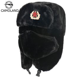 HATURAS TRAPPER CAMOLAND Ejército Soviético Insignia de bombardeo Men Mujeres Rusas Ushanka Sombreros Faux Faux Fur Fur Flap Caps de nieve Hats 230816