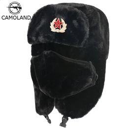 Chapeaux de trappeur CAMOLAND insigne militaire de l'armée soviétique chapeau de bombardier hommes femmes Russie Ushanka fausse fourrure de lapin oreillettes casquettes de neige 231219