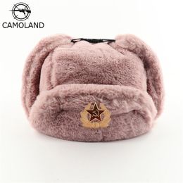 Sombreros de trampero CAMOLAND Mujeres Insignia soviética Ruso Ushanka Piloto Bombardero Sombrero para hombre Piel sintética Ejército Militar Invierno Orejeras Gorros de nieve 231219