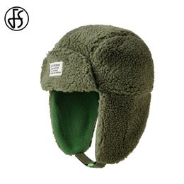 Chapeaux de trappeur FS chaud russe pour femmes et hommes, bonnet d'hiver en laine d'agneau vert, protection des oreilles, chapeau de bombardier épais, casquettes volantes 231130