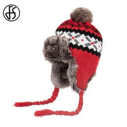 Chapeaux de trappeur FS hiver laine Bomber Cap pour hommes femmes en plein air chaud neige oreillette chapeau avec pompon de fourrure rouge coupe-vent russe 231219