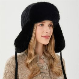 Trappeur chapeaux fourrure hiver épaissi chaud tricot russe casquettes mode Ushanka oreillette pilote chapeau femmes Ski neige Bomber 231219